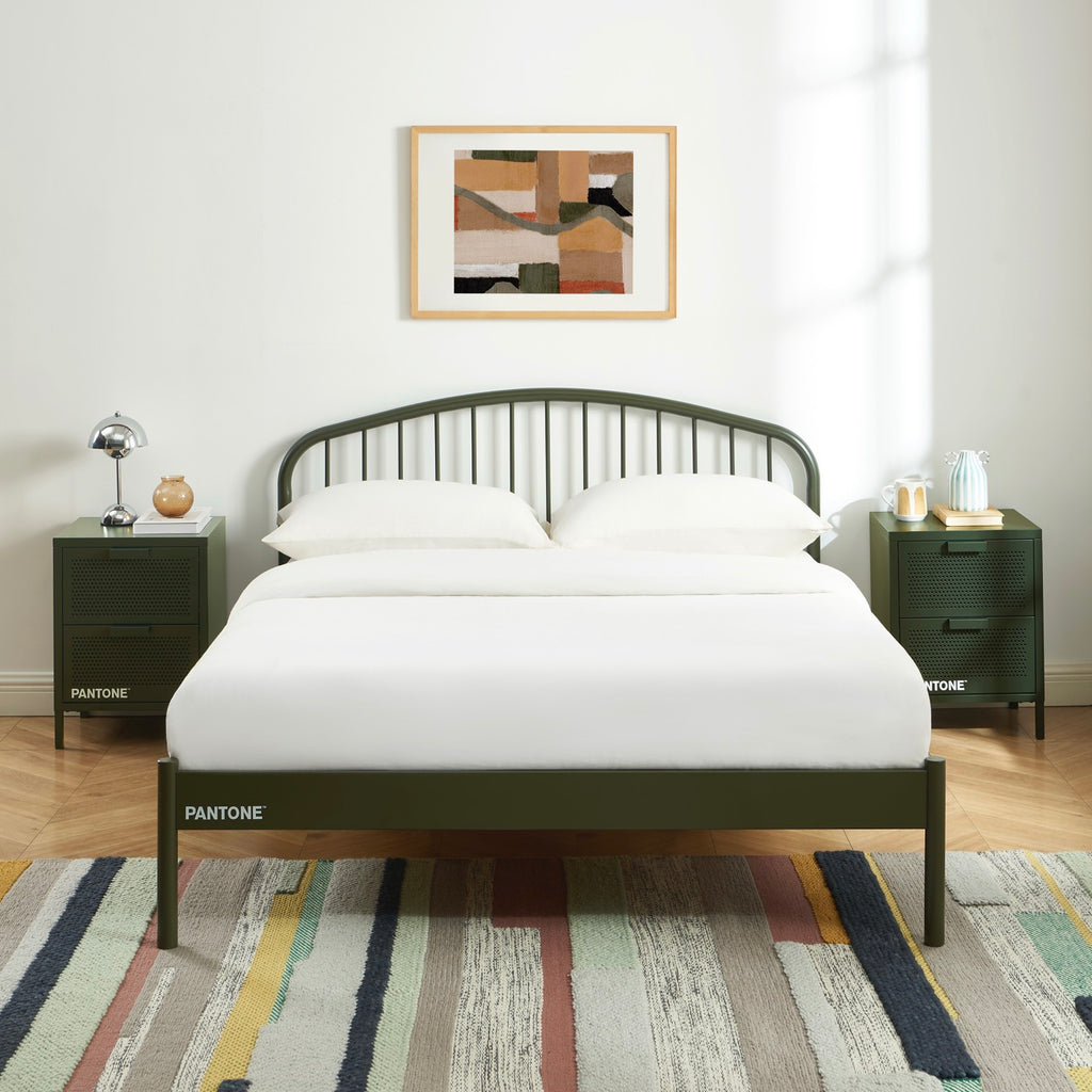 140x190 bed - Metal - Olive Green - Box spring included