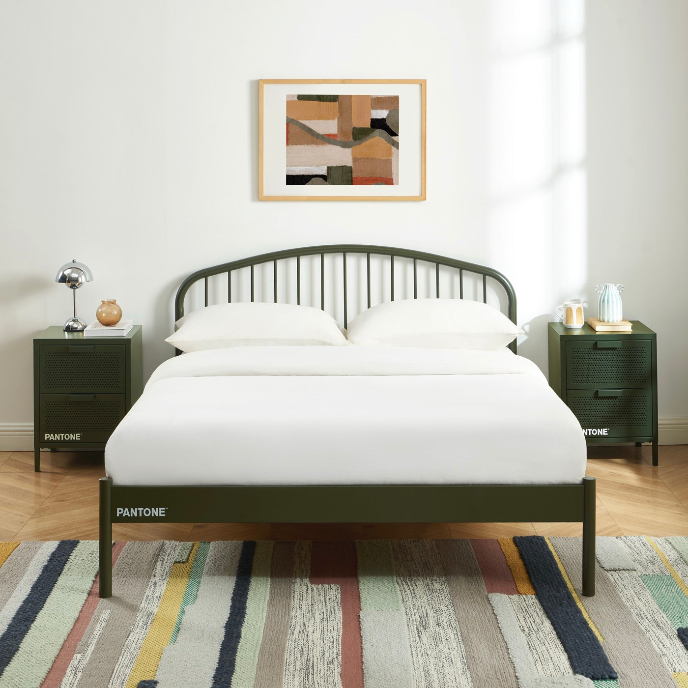 140x190 bed - Metal - Olive Green - Box spring included