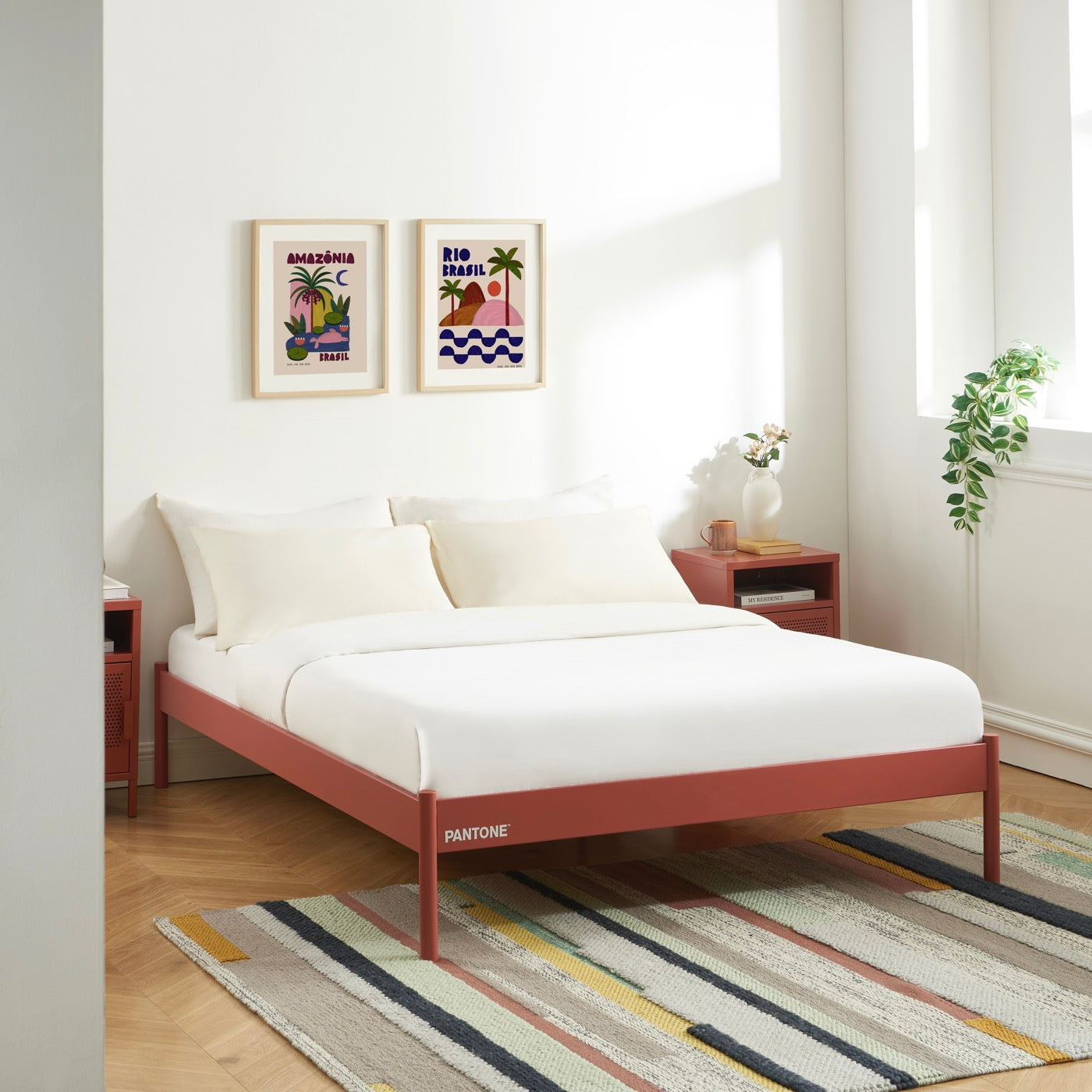 140x190 bed - Metal - Terracotta - Box spring included