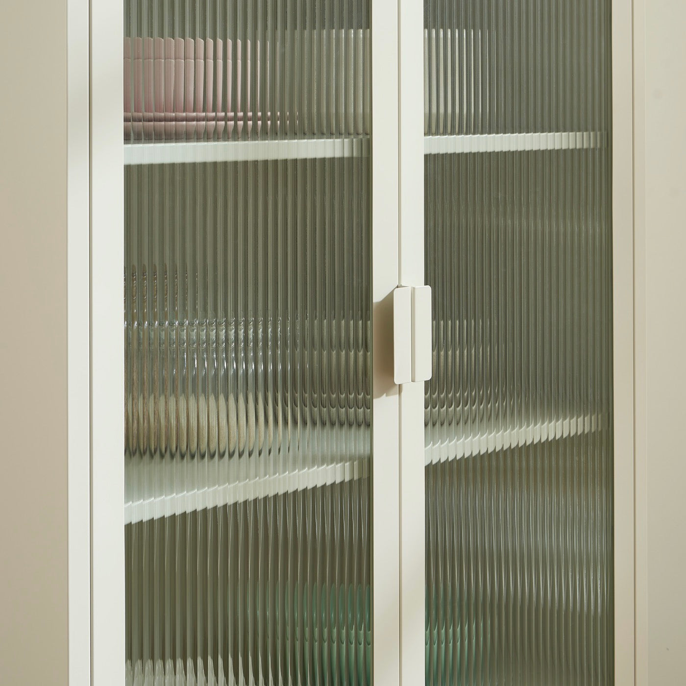 Fluted Glass and Metal Display Cabinet - Beige