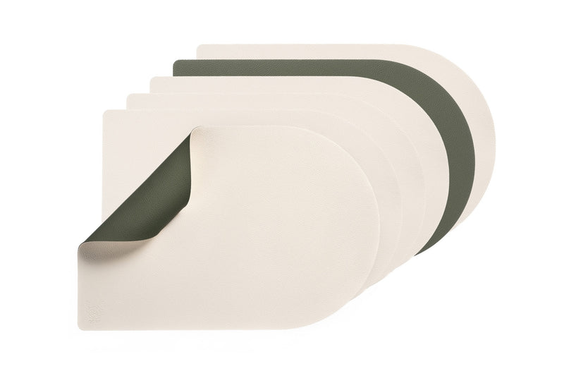 Set De Table Rectangovale Réversible - 6 Pièces - Cuir Recyclé Blanc Crème Et Vert De Gris