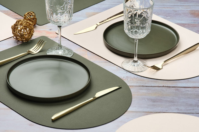 Set De Table Rectangovale Réversible - 6 Pièces - Cuir Recyclé Blanc Crème Et Vert De Gris