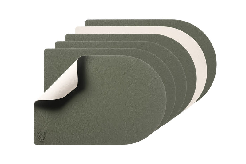 Set De Table Rectangovale Réversible - 6 Pièces - Cuir Recyclé Blanc Crème Et Vert De Gris