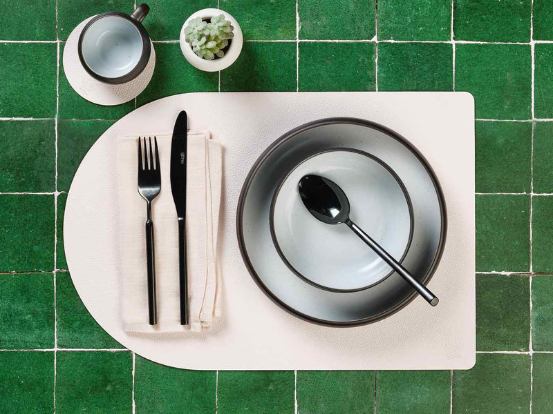 Set De Table Rectangovale Réversible - 6 Pièces - Cuir Recyclé Blanc Crème Et Vert De Gris