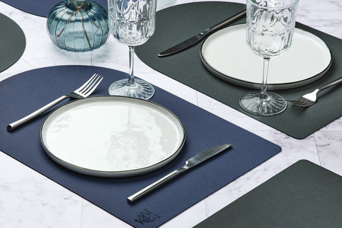 Set De Table Rectangovale Réversible - 6 Pièces - Cuir Recyclé Bleu Nuit Et Gris Anthracite