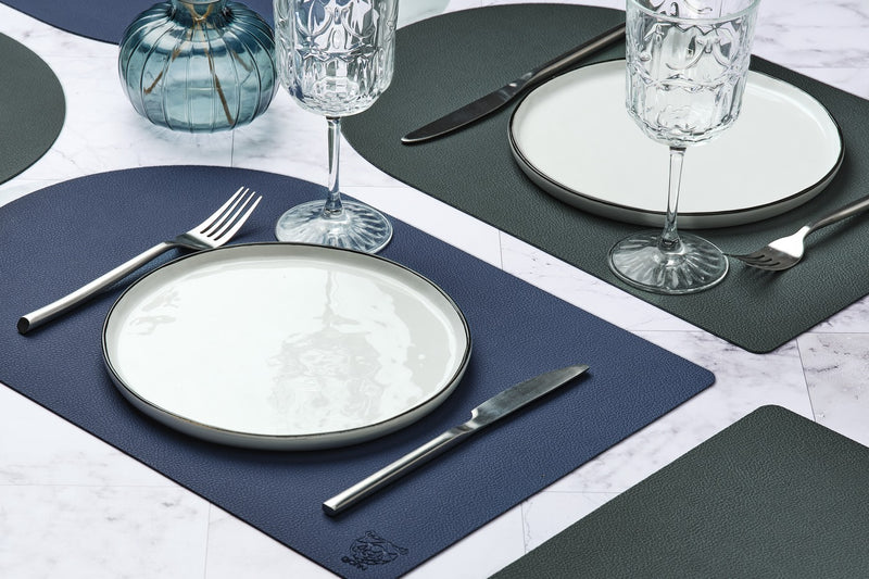 Set De Table Rectangovale Réversible - 6 Pièces - Cuir Recyclé Bleu Nuit Et Gris Anthracite