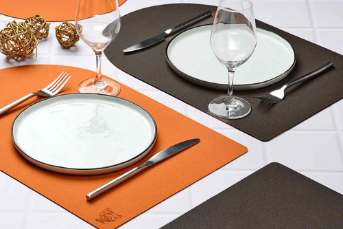Set De Table Rectangovale Réversible - 6 Pièces - Cuir Recyclé Orange Et Chocolat