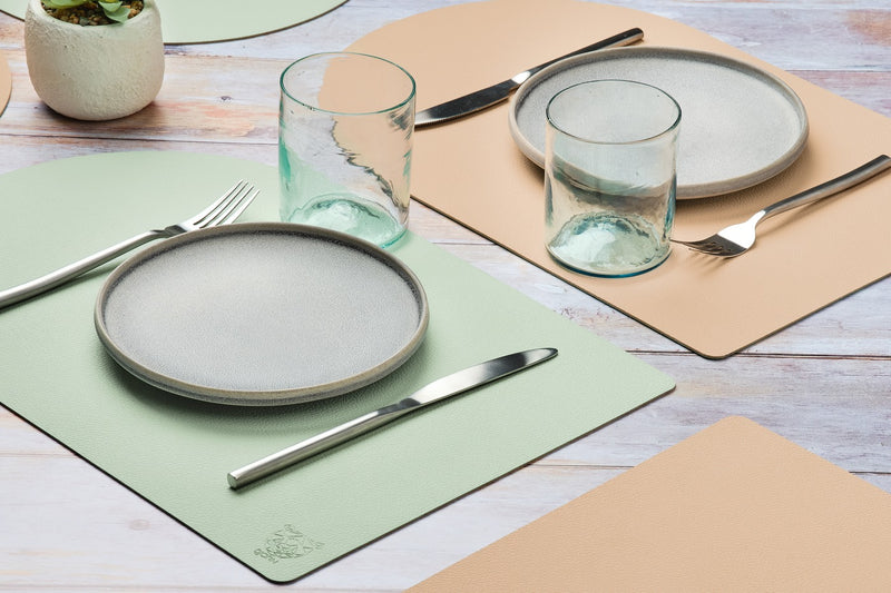 Set De Table Rectangovale Réversible - 6 Pièces - Cuir Recyclé Rose Pâle Et Vert Pâle