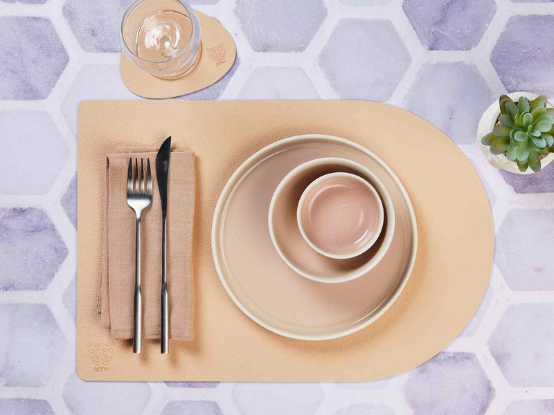 Set De Table Rectangovale Réversible - 6 Pièces - Cuir Recyclé Rose Pâle Et Vert Pâle