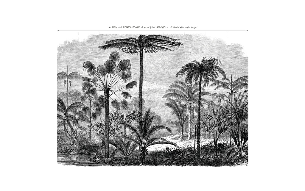 Lé Papiers De Ninon – Papier Peint Panoramique Aladin - Noir, gravure ancienne en noir et blanc d'une forêt tropicale luxuriante avec des palmiers