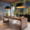 Lé Papiers De Ninon – Papier Peint Panoramique Graphic Chic - Multicolore, salle à manger moderne avec table en bois, chaises blanches et luminaires noirs