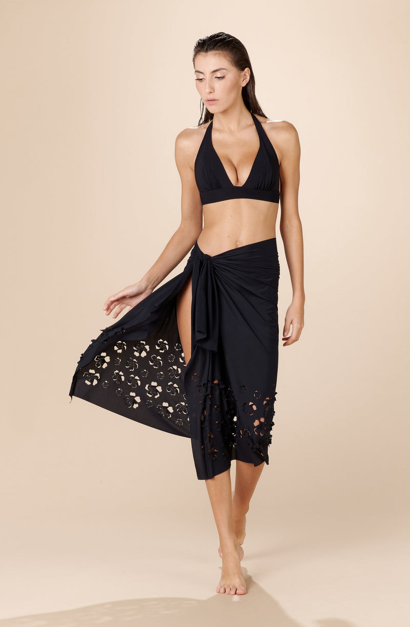 akia Long pareo with floral cut-outs, black