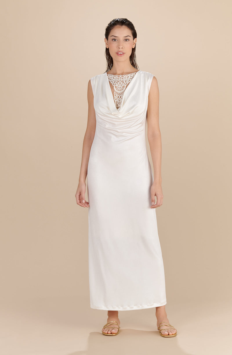 reanne Mother-of-pearl long dress with clam and guipure neckline