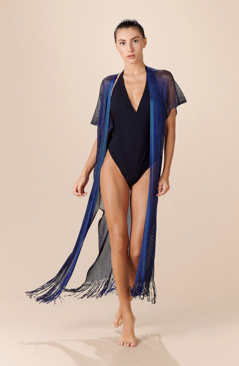 geai Caftan long en maille métallisée bleu