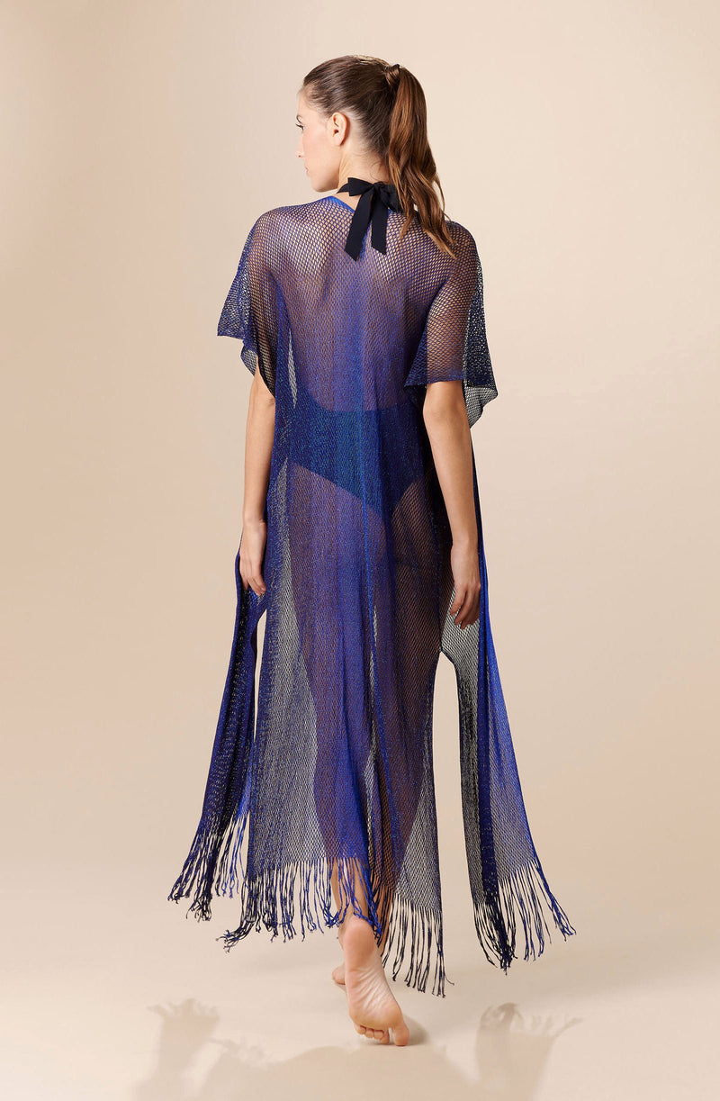 geai Long Caftan in blue metallic mesh