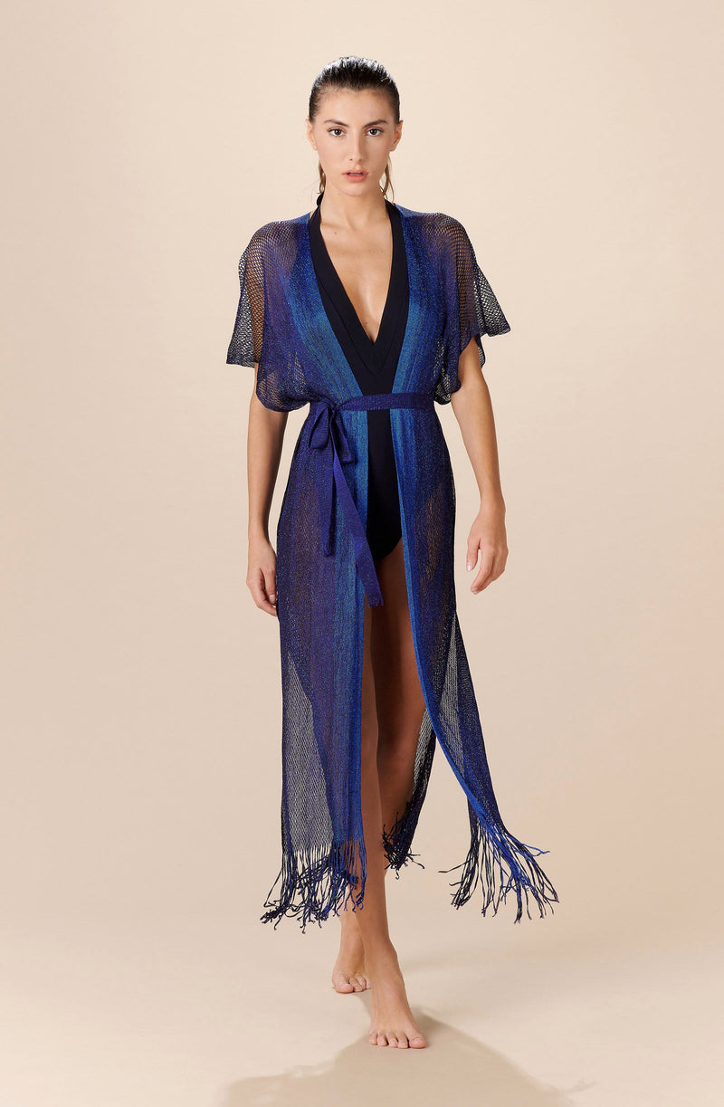 geai Long Caftan in blue metallic mesh