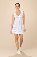 rika White V-neck dress with micro-perforated rosettes