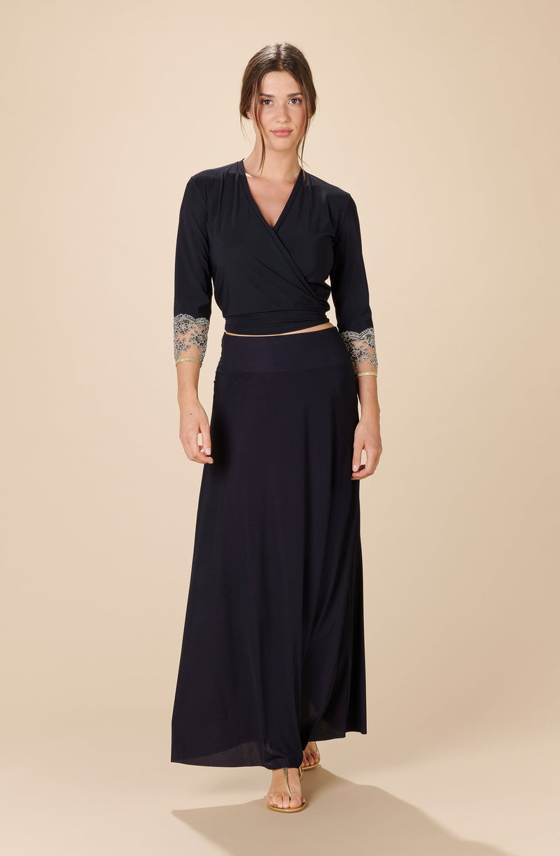 tally Navy embroidered long-sleeve wrap-around wrap