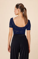 yann marine Short-sleeved navy lace top