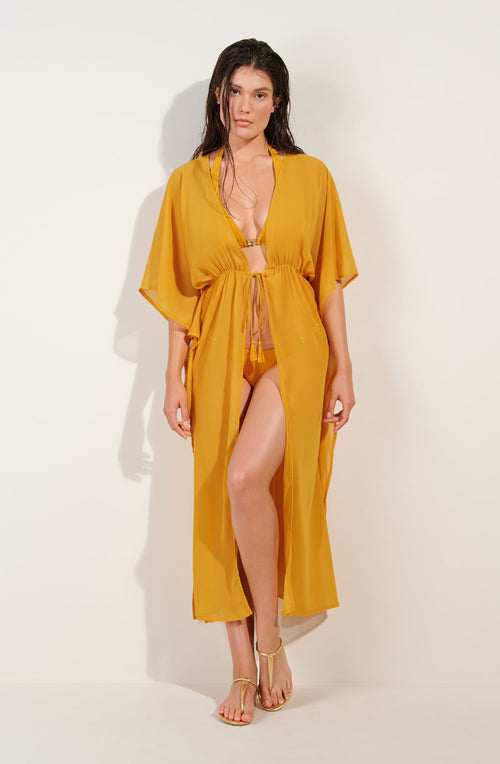 azora Robe longue ocre fendue sur les côtés