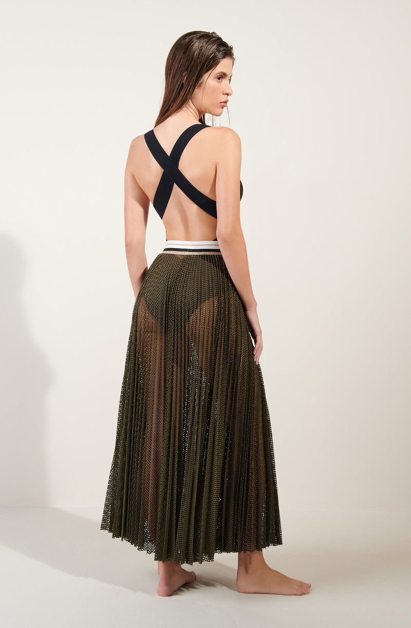 jalia Sheer pleated long skirt khaki