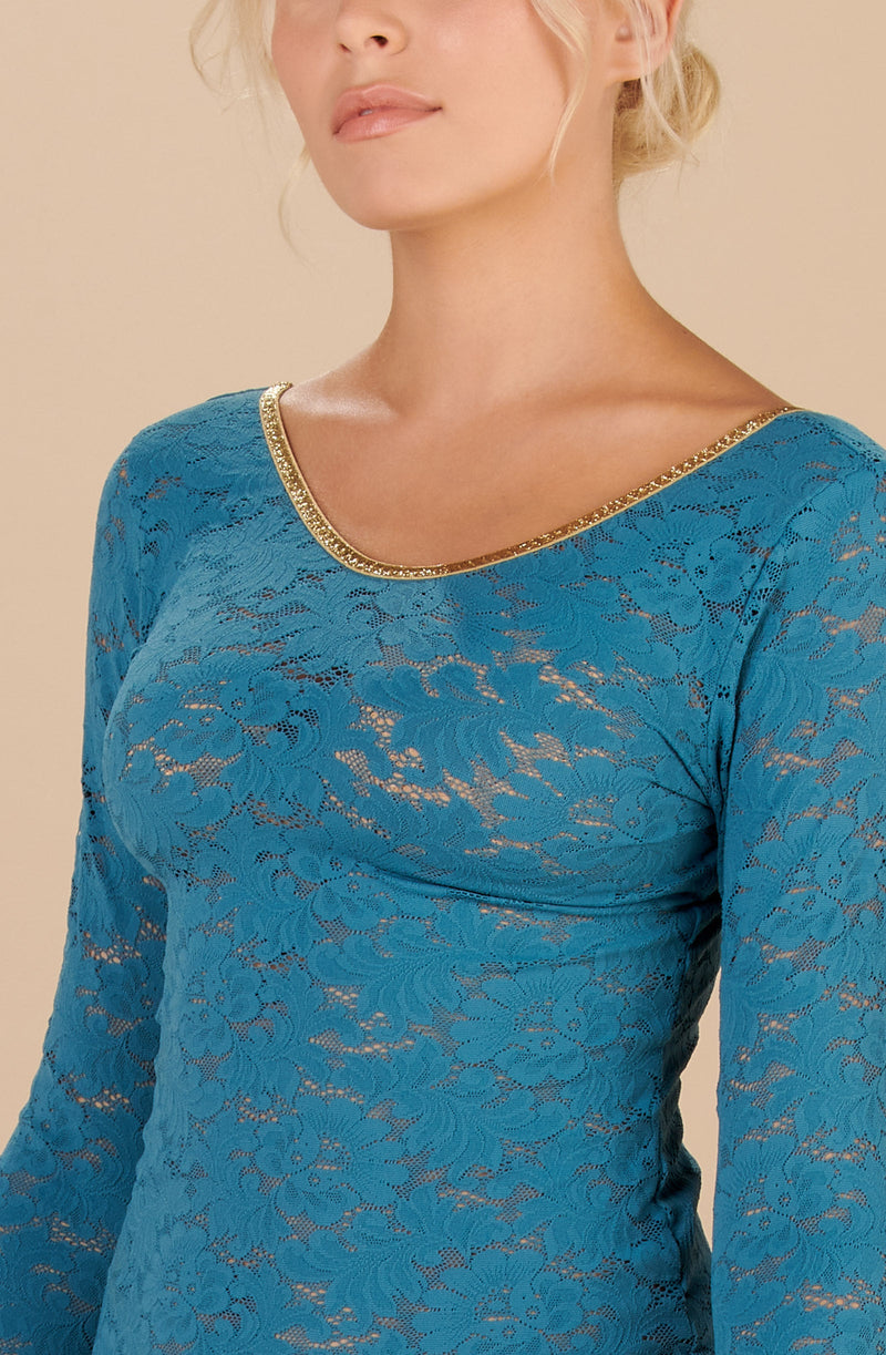 Tricot manches longues en dentelle bleu pour femme - Pain de Sucre