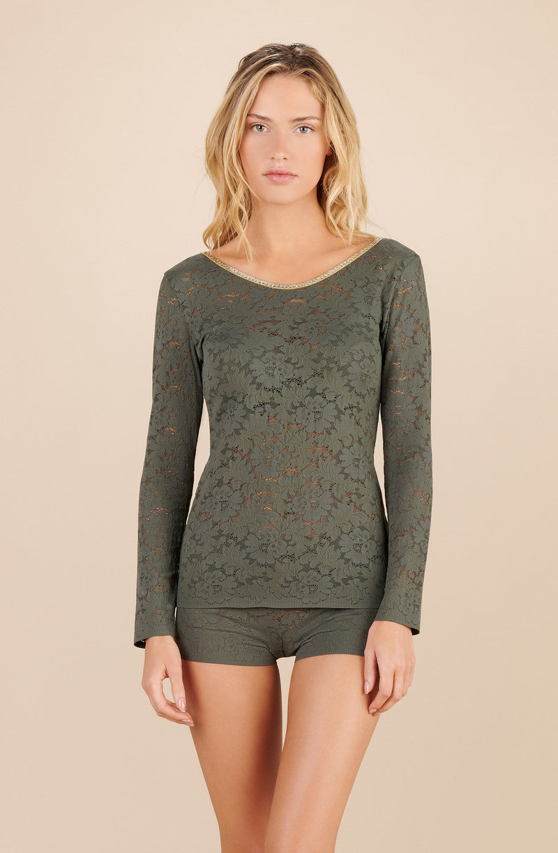 aria Long-sleeved khaki top in lace and lurex