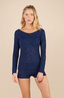 aria Long-sleeved navy top in lace and lurex