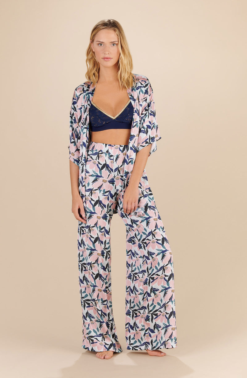 delila Kimono in printed satin MAGNOLIA