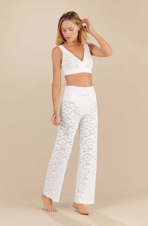 pooja Pantalon droit en dentelle blanc écume