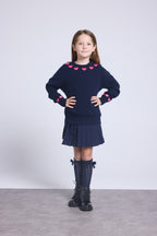 Jersey de cuello redondo con corazones en cuello y puños Pearl - Azul marino y rosa flúor - Niña