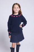 Jersey de cuello redondo con corazones en cuello y puños Pearl - Azul marino y rosa flúor - Niña