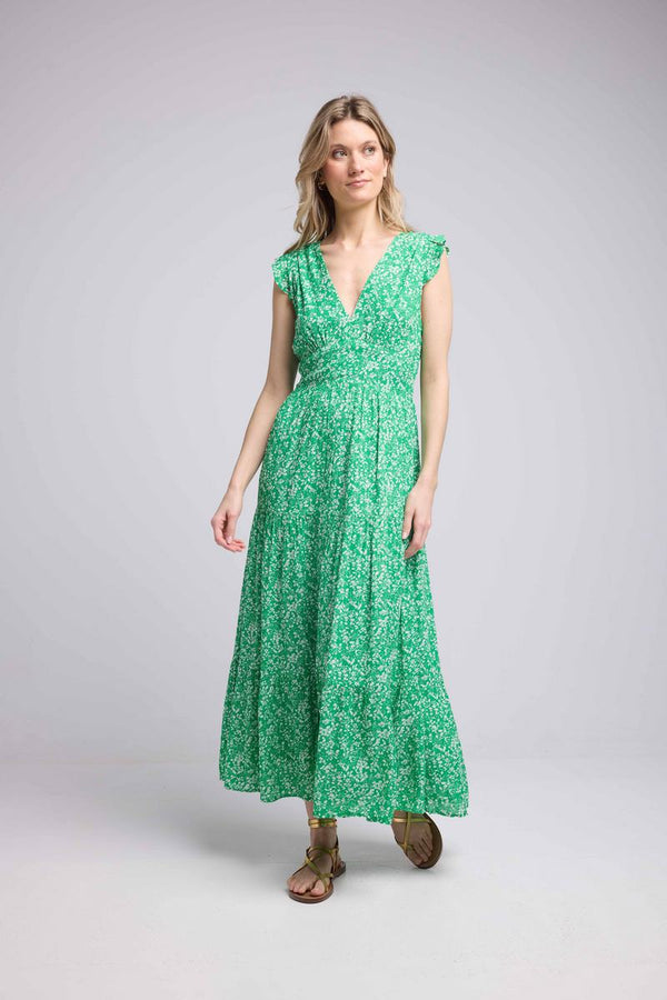 Vestido Largo Sin Mangas - Flores Verdes