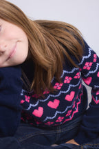 Pull Col Rond Montage Cœurs Peppa - Bleu Marine Rose Fuo - Fille