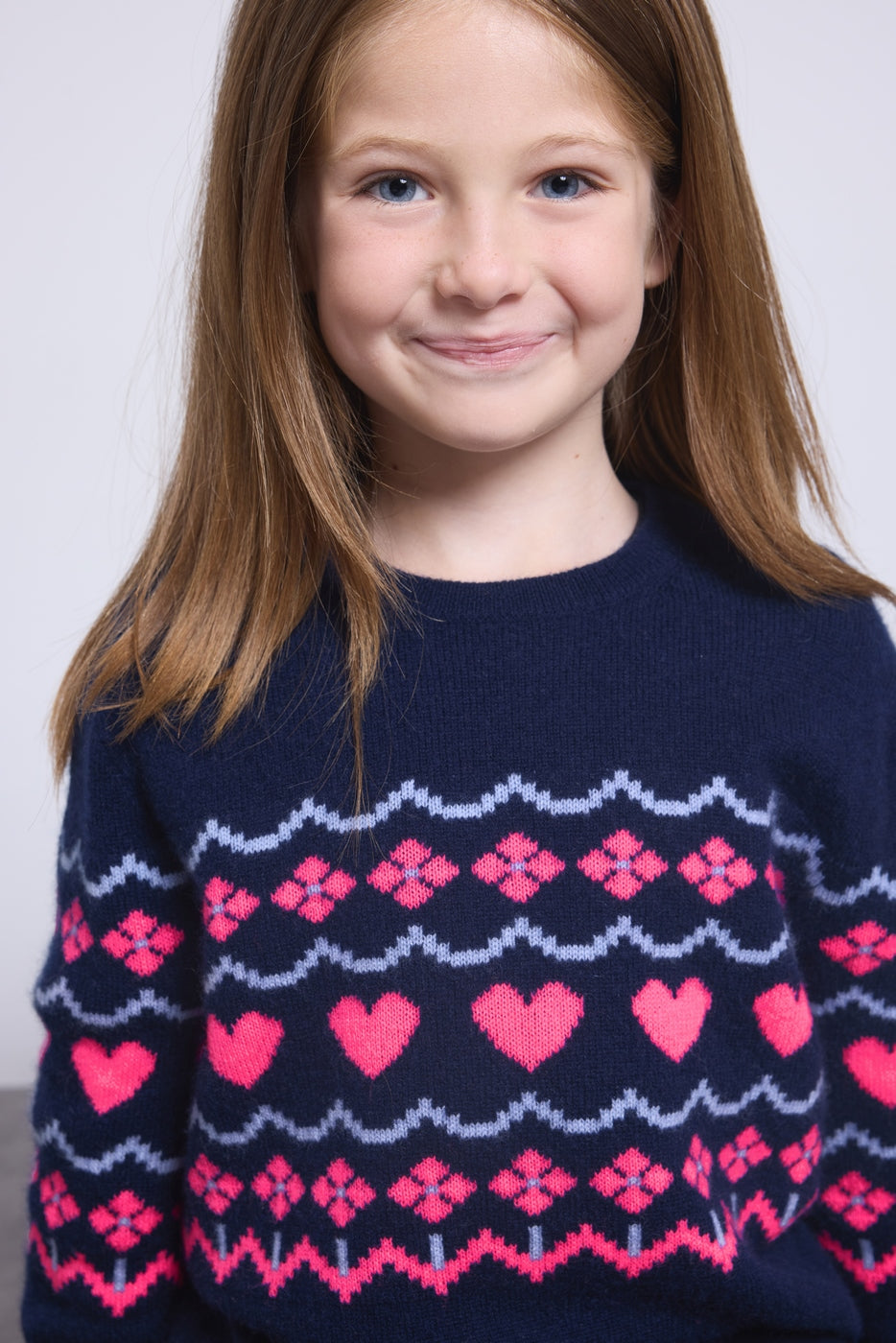 Pull Col Rond Montage Cœurs Peppa - Bleu Marine Rose Fuo - Fille