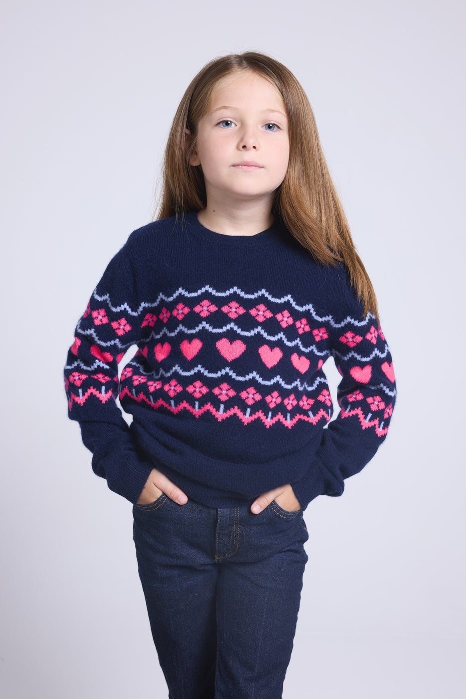 Pull Col Rond Montage Cœurs Peppa - Bleu Marine Rose Fuo - Fille