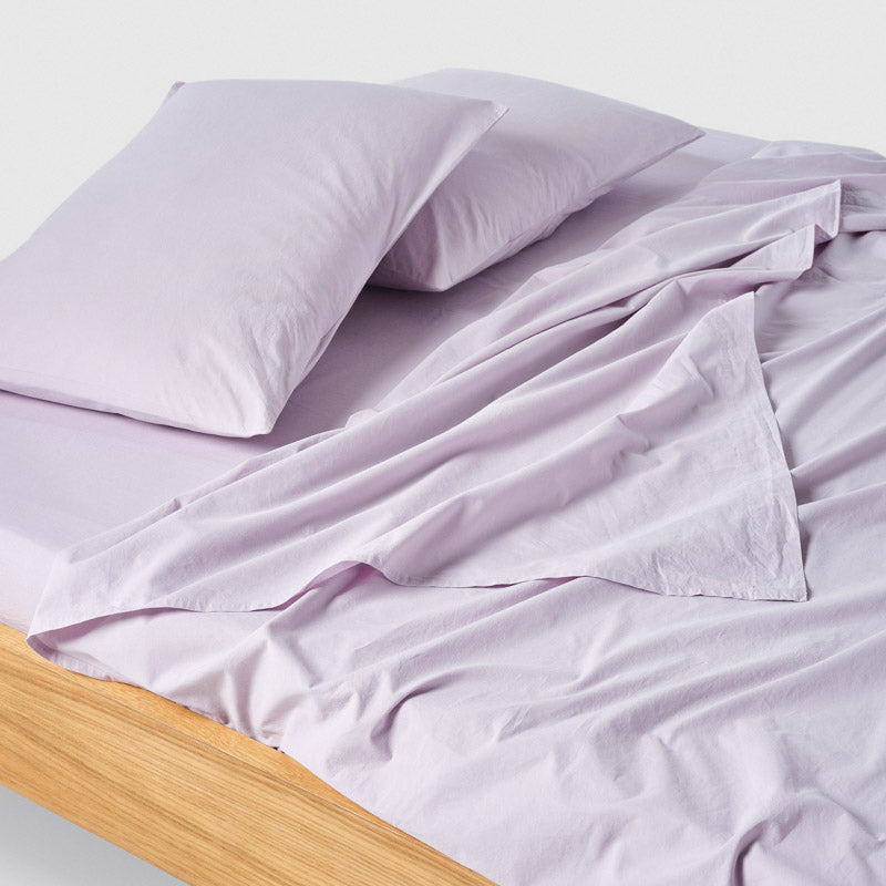 Drap Plat En Percale De Coton Lavé 300 Fils - Lilas