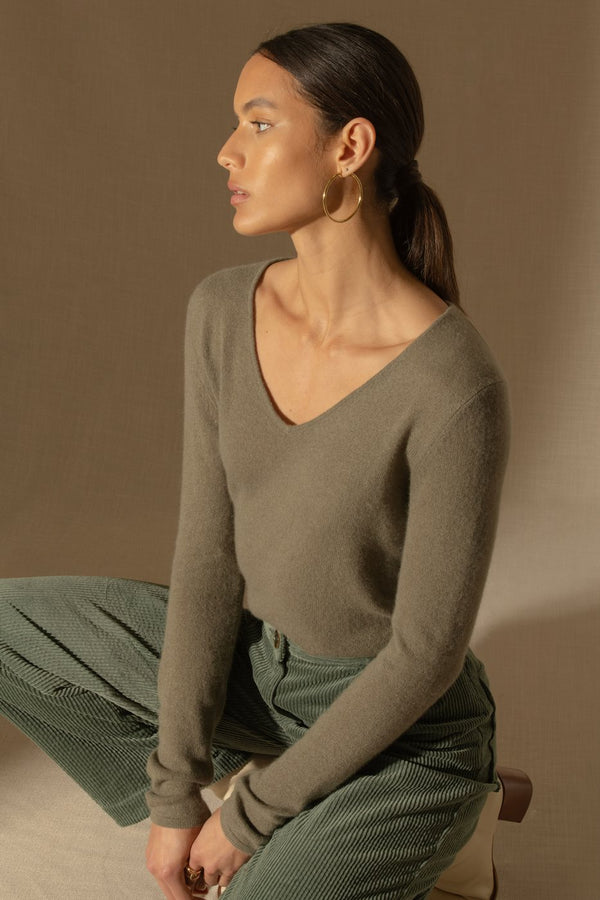 V-halset Strikbluse Shannon - Vert Armée