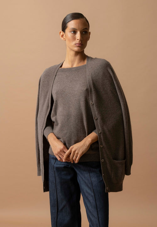 Cardigan Col V Pearl - 100% Cachemire 2 Fils - Taupe Chiné - Femme