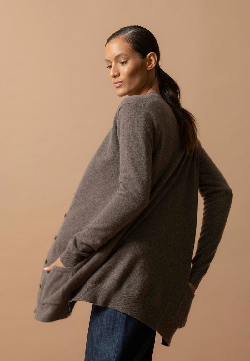 Cardigan Col V Pearl - 100% Cachemire 2 Fils - Taupe Chiné - Femme