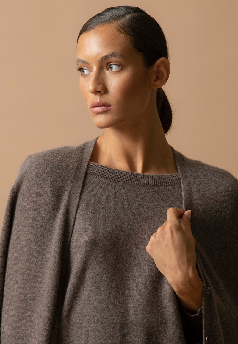 Cardigan Col V Pearl - 100% Cachemire 2 Fils - Taupe Chiné - Femme