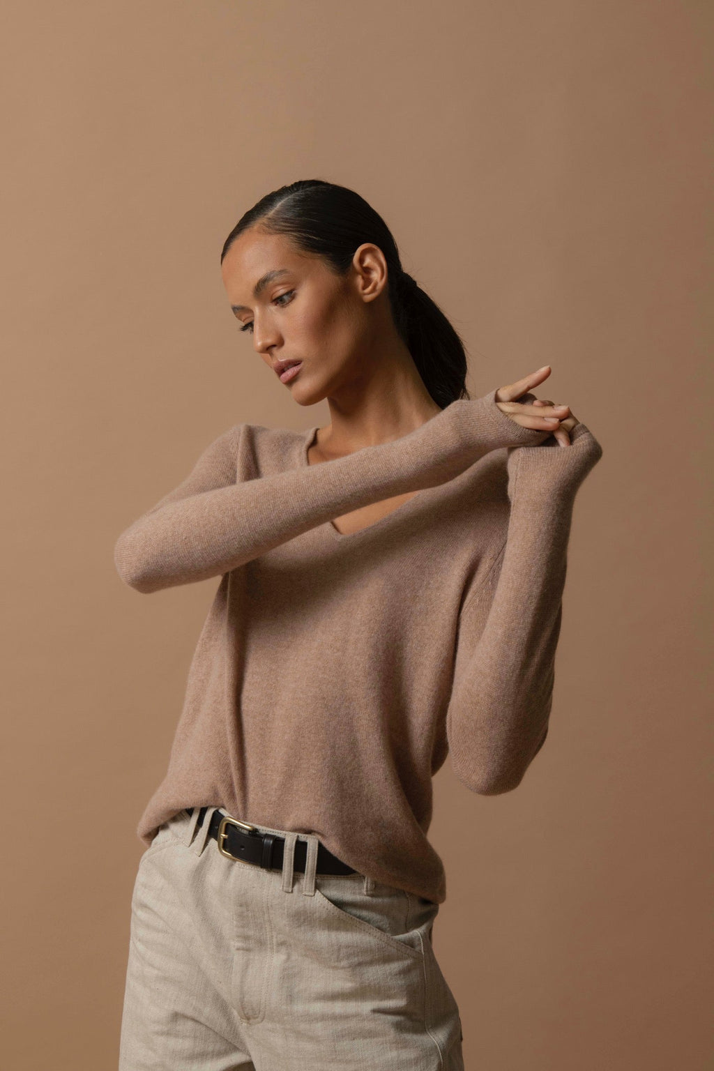 V-Neck Jumper - Shannon - Camel Marl