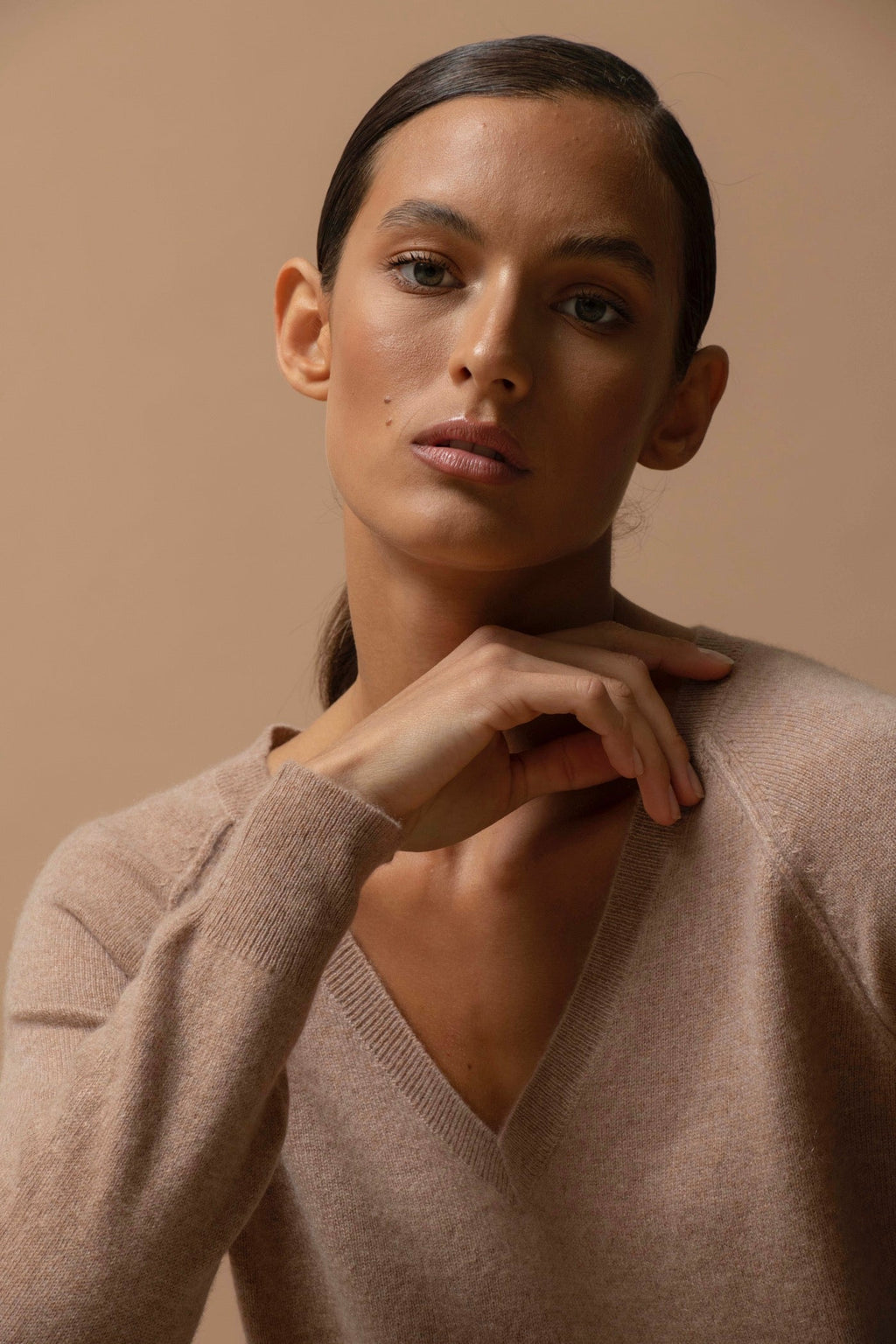 Jersey Cuello en V - Penelope - Camel Jaspeado