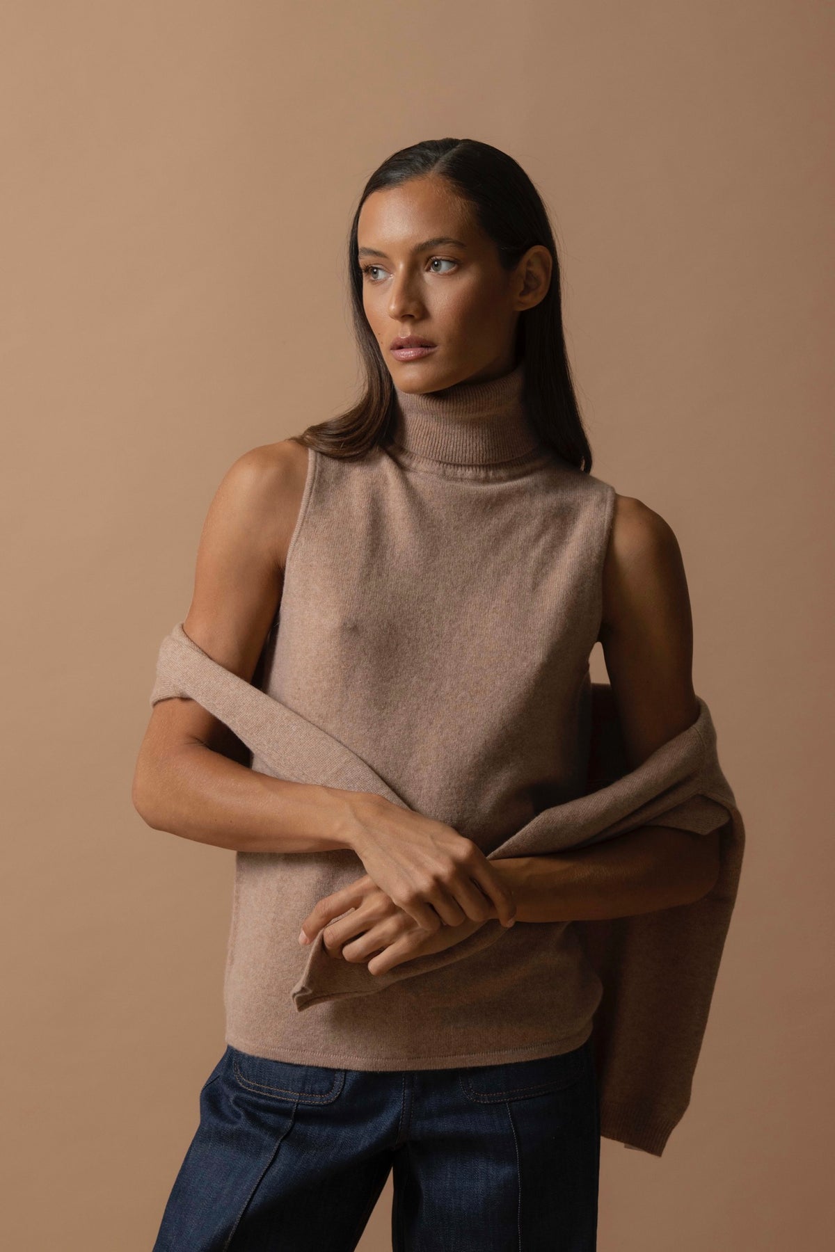 Pull Col Roulé Sans Manches Mary - Camel Chiné