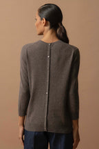 Round-Neck Jumper with Back Button - Vanessa - Taupe Marl