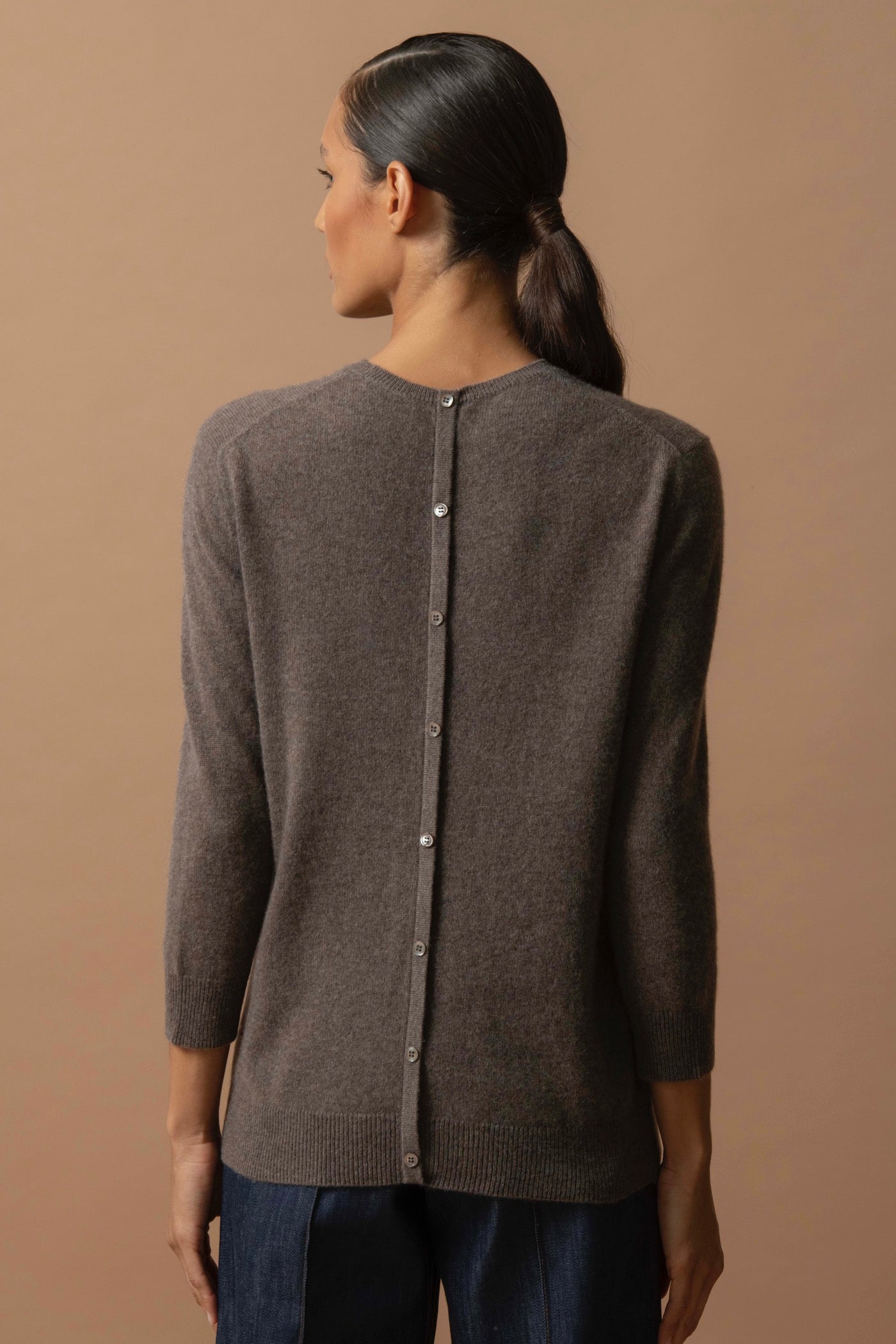 Round-Neck Jumper with Back Button - Vanessa - Taupe Marl