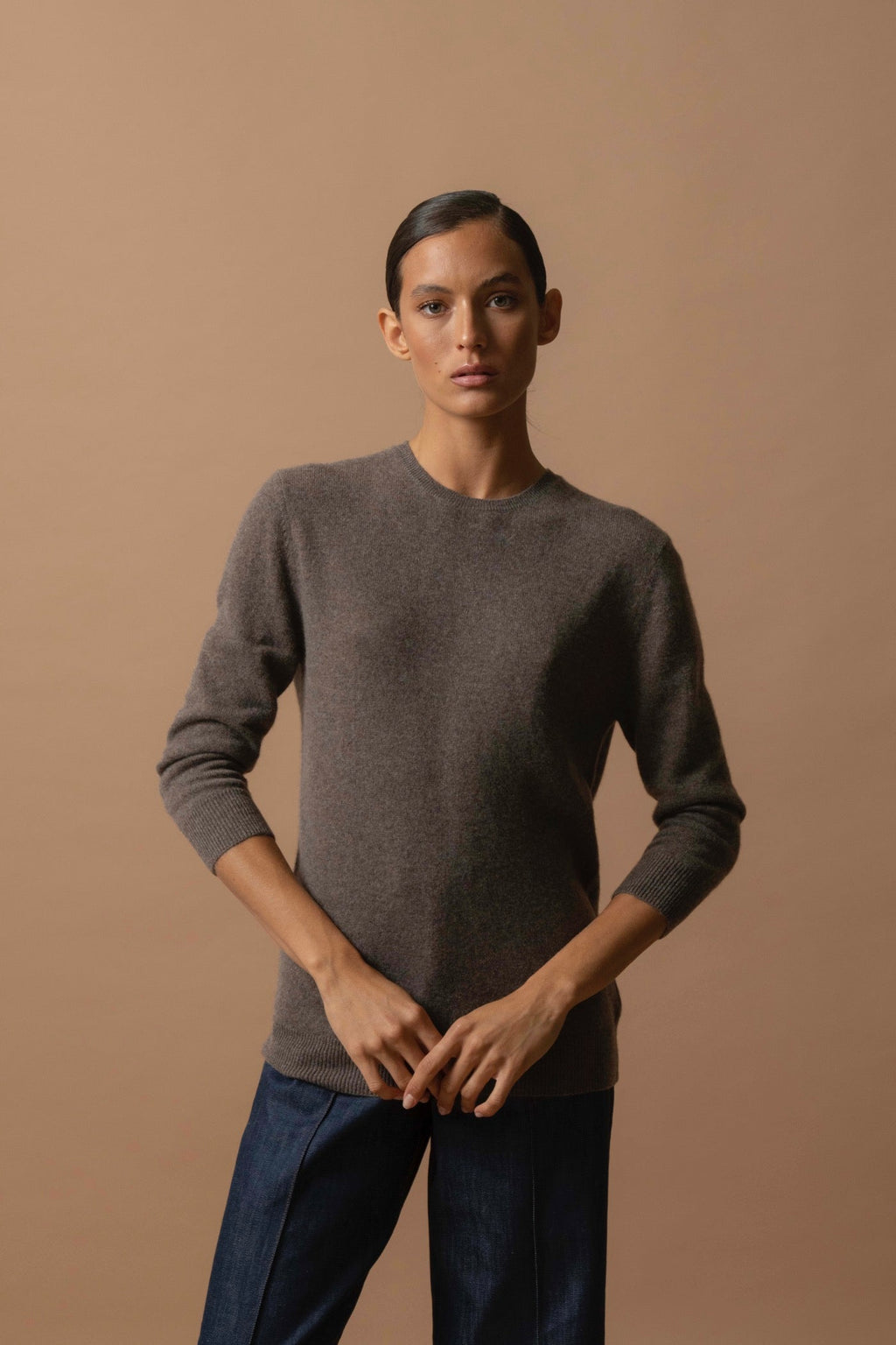 Round-Neck Jumper with Back Button - Vanessa - Taupe Marl