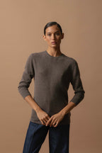 Round-Neck Jumper with Back Button - Vanessa - Taupe Marl