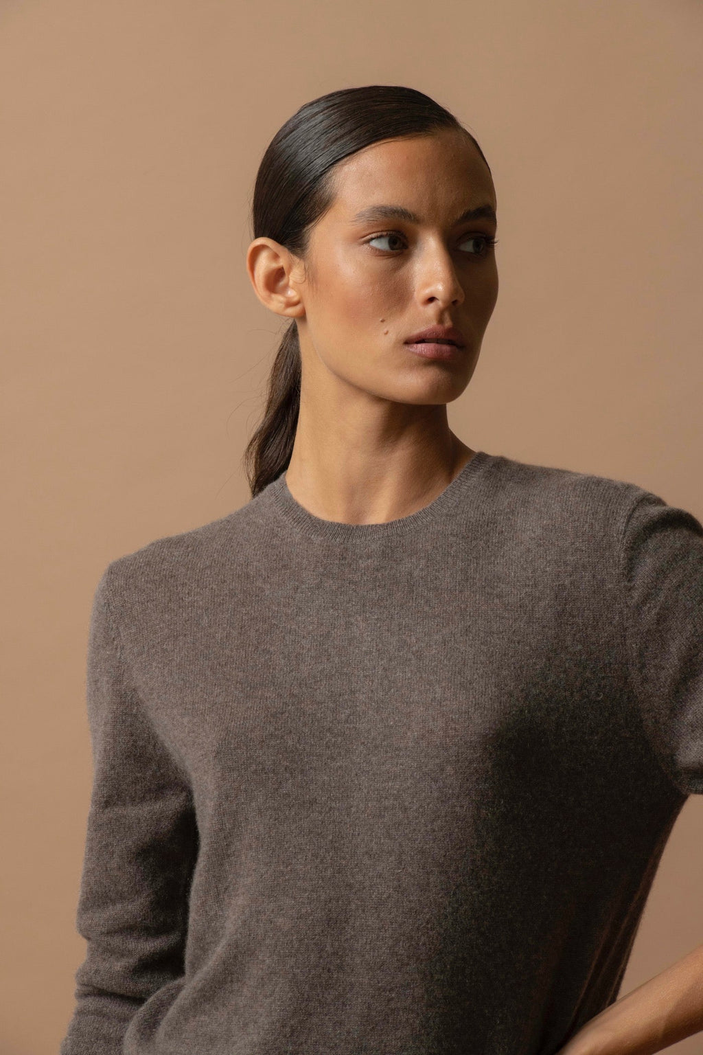 Round-Neck Jumper with Back Button - Vanessa - Taupe Marl