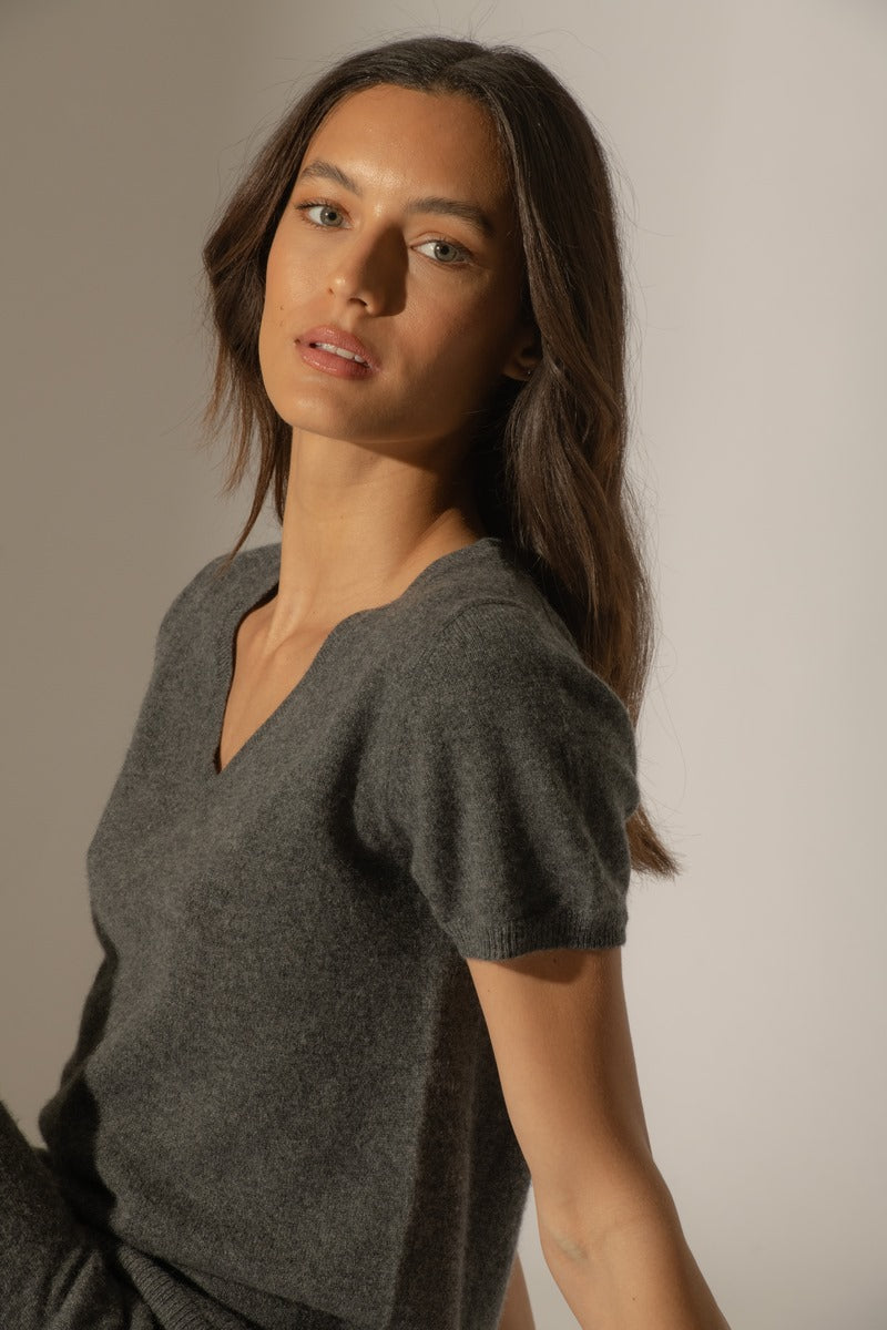 T-Shirt Col V - Efimia - Anthracite Chiné